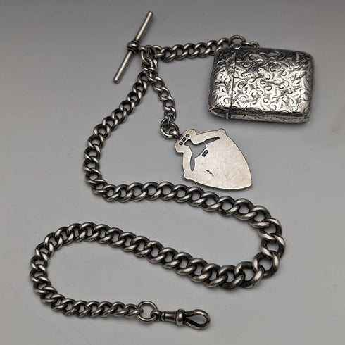 1900年頃 英国アンティーク 純銀製アルバートチェーン 88g ヴェスタケース&メダルフォブ