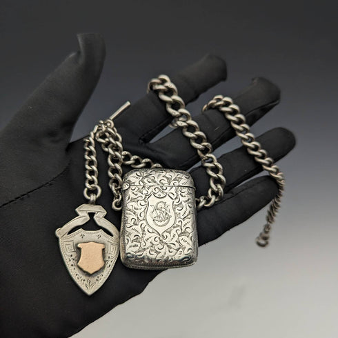 1900年頃 英国アンティーク 純銀製アルバートチェーン 88g ヴェスタケース&メダルフォブ