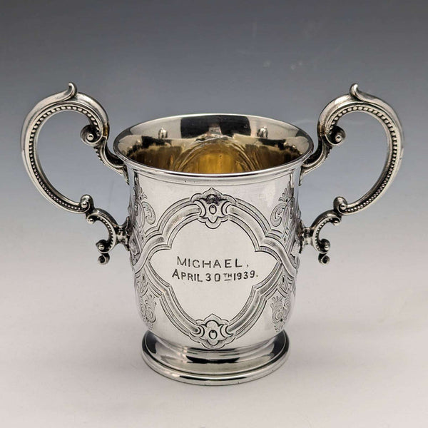 1862 British Antique Sterling Silver Double Handle Mug Cup 169g Barnard