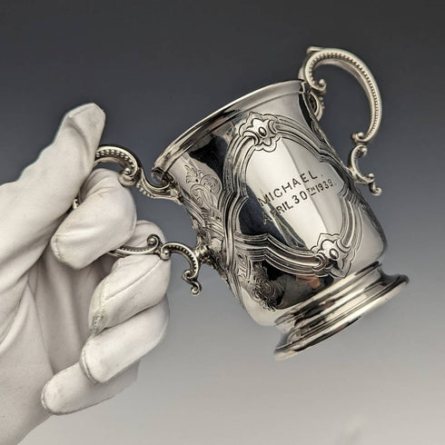 1862年 英国アンティーク 純銀製 ダブルハンドル マグカップ 169g Barnard