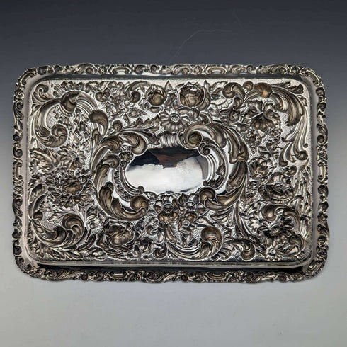 1902 British Antique Sterling Silver Relief Engraving Dressing Table Tray 306g