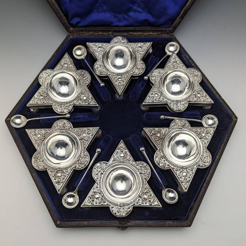 British antique silver plate salt dish & spoon 6 pair set in case