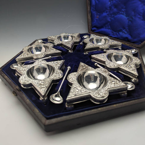 British antique silver plate salt dish & spoon 6 pair set in case