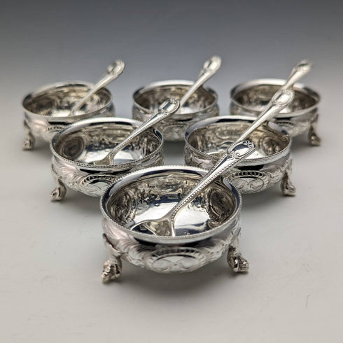 1900 年左右英國古董銀盤鹽盤和勺子 6 對套裝帶盒