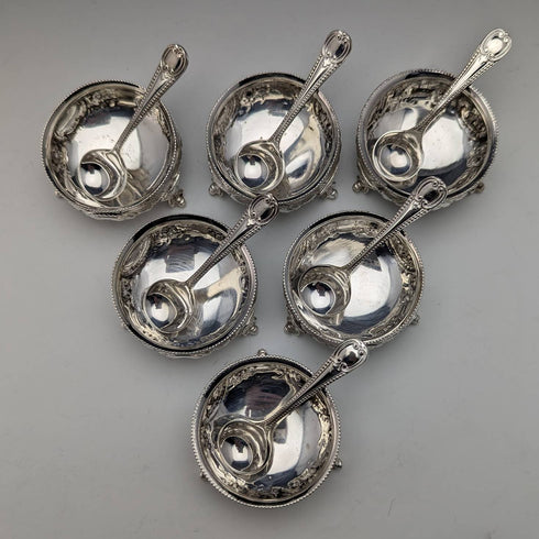 1900 年左右英國古董銀盤鹽盤和勺子 6 對套裝帶盒