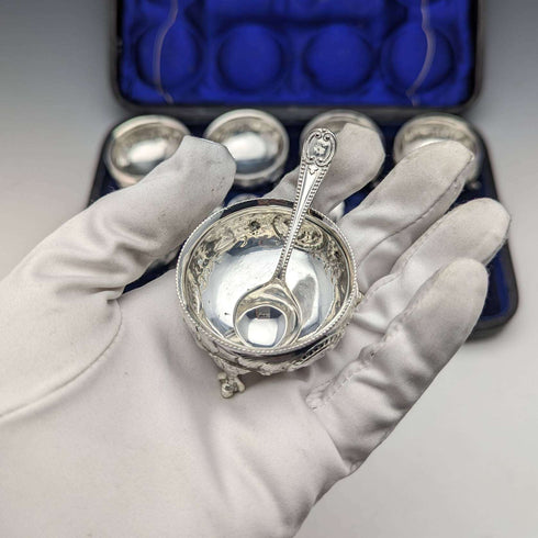 1900 年左右英國古董銀盤鹽盤和勺子 6 對套裝帶盒