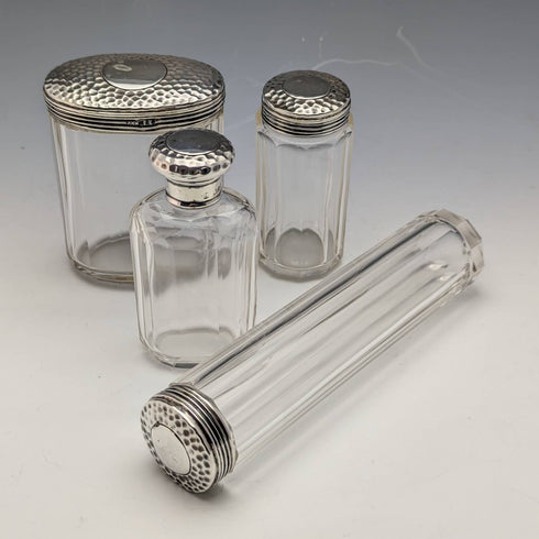 Around 1910 British Antique Pure Silver Lid Glass Bottle Set of 4 Percy Whitehouse