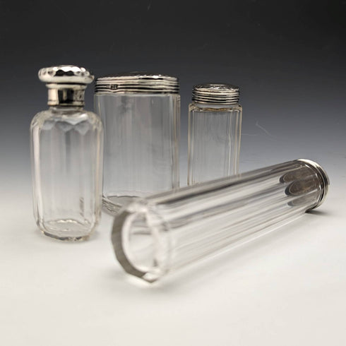 Around 1910 British Antique Pure Silver Lid Glass Bottle Set of 4 Percy Whitehouse