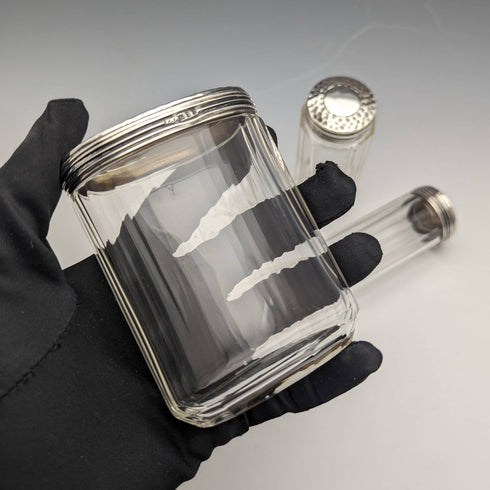 Around 1910 British Antique Pure Silver Lid Glass Bottle Set of 4 Percy Whitehouse