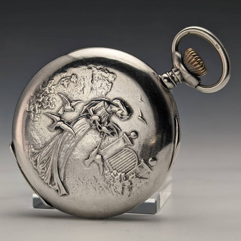 Antique Swiss GLOBE pocket watch relief engraving silver side hunter case works well