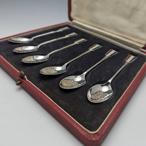 1936 年英國復古琺瑯裝飾純銀茶匙 6 件裝盒裝