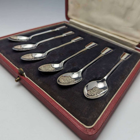 1936 British vintage enamel decorated sterling silver teaspoon set of 6 in a case