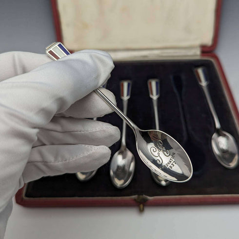 1936 British vintage enamel decorated sterling silver teaspoon set of 6 in a case