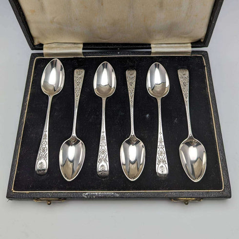 1884 British antique sterling silver teaspoon set of 6 in a case