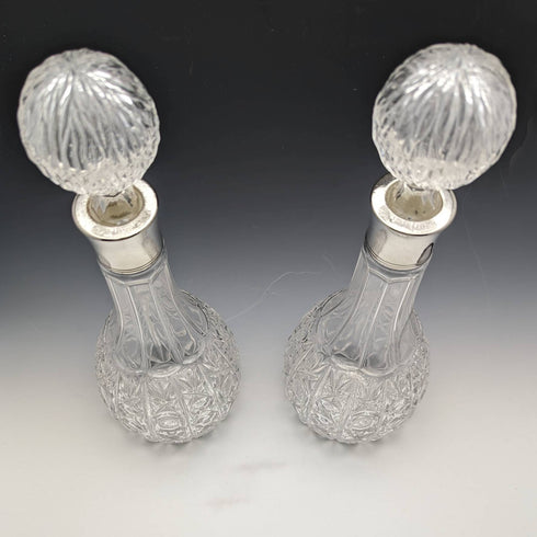 英国ヴィンテージ カットガラス シルバープレート装飾 デキャンタ ペア