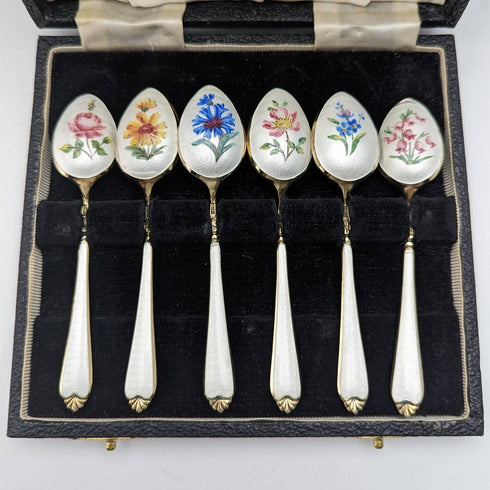 1958年 英国ヴィンテージ 純銀製 金メッキ&エナメル花装飾 ティースプーン6本セット ケース入