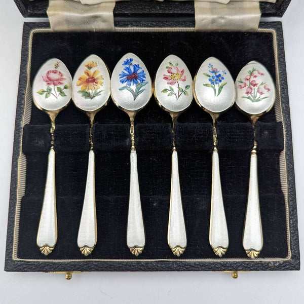 1958年 英国ヴィンテージ 純銀製 金メッキ&エナメル花装飾 ティースプーン6本セット ケース入
