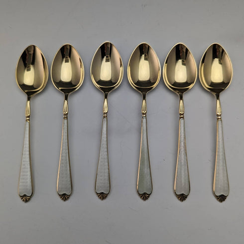 1958年 英国ヴィンテージ 純銀製 金メッキ&エナメル花装飾 ティースプーン6本セット ケース入