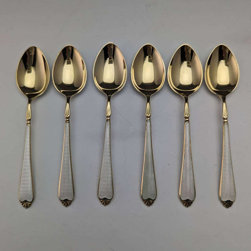 1958年 英国ヴィンテージ 純銀製 金メッキ&エナメル花装飾 ティースプーン6本セット ケース入