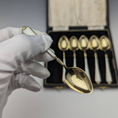 1958年 英国ヴィンテージ 純銀製 金メッキ&エナメル花装飾 ティースプーン6本セット ケース入