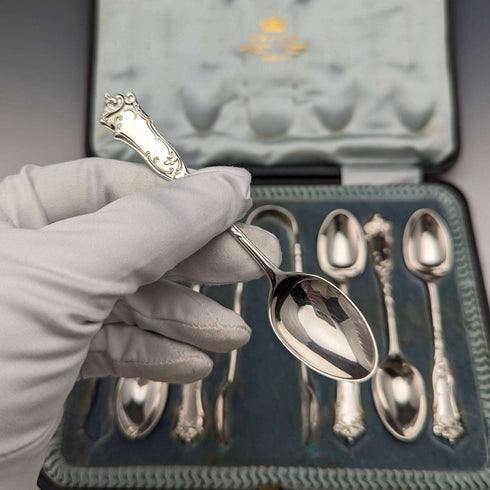 1903 British antique sterling silver teaspoon set of 6 Joseph Rodgers case