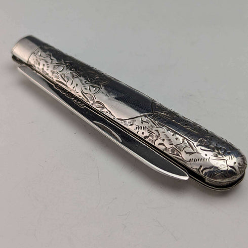 1897 British antique sterling silver folding pen knife Hilliard and Thomason with case