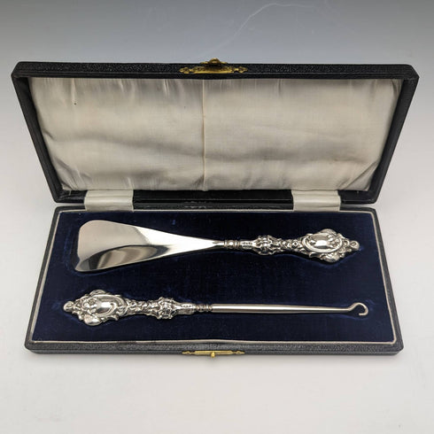 1913 British Antique Pure Silver Handle Shoehorn Button Hook Set ES Barnsley