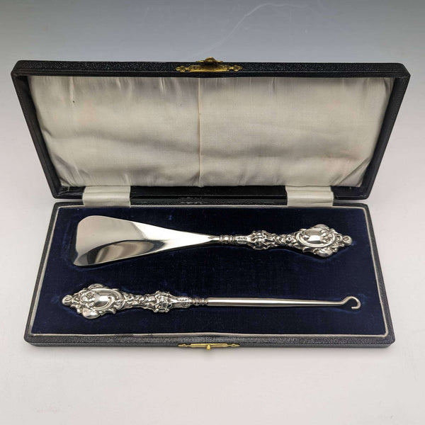 1913 年英國古董純銀手柄鞋拔鈕扣掛鉤套裝 ES Barnsley