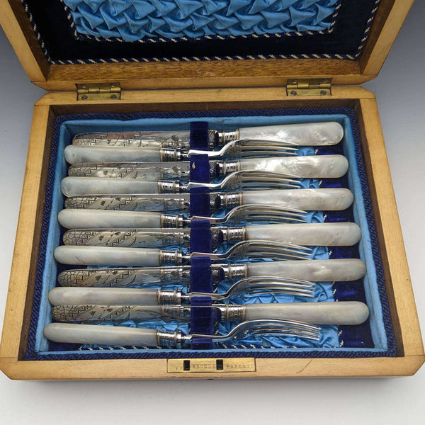 1880年英國古董白色蝴蝶貝殼手柄甜品餐具6對套裝William Batt and Sons木盒