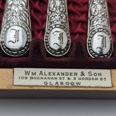 後期ビクトリアン 英国アンティーク シルバープレート製 デザートカトラリー12ペアセット 木箱入り