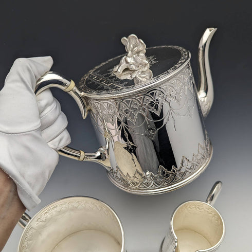 英国アンティーク ビクトリアン シルバープレート製 ドラム型ティーポット3点セット WILLIAM HOWE