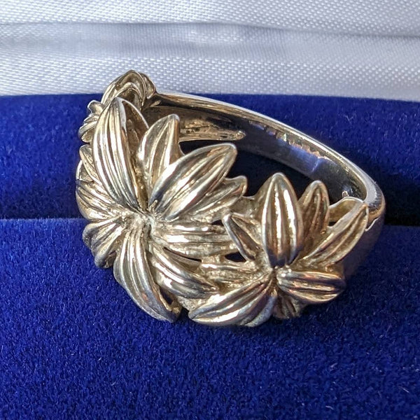 British Vintage Jewelry Flower Engraving Sterling Silver Ring