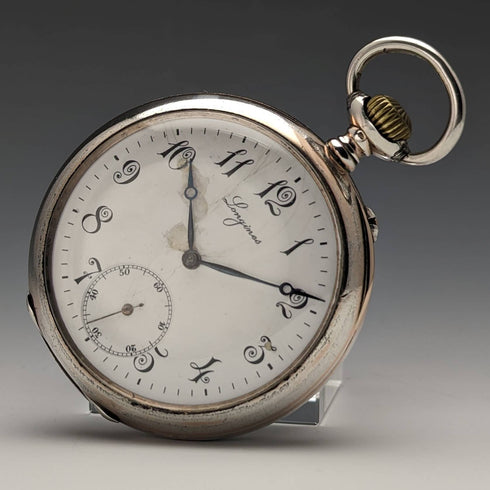 Around 1911 Antique Longines pocket watch Niello decorated silver side case Works well