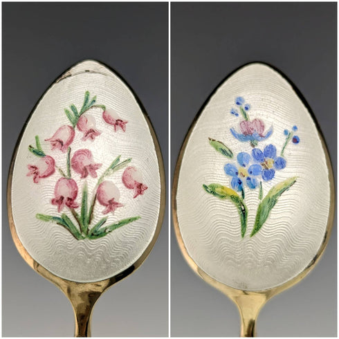 1958年 英国ヴィンテージ 純銀製 金メッキ&エナメル花装飾 ティースプーン6本セット ケース入