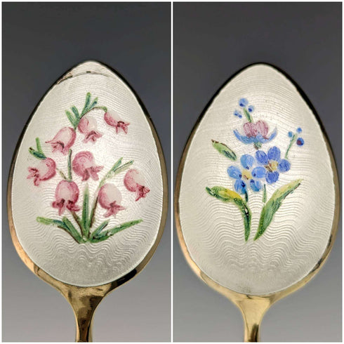1958年 英国ヴィンテージ 純銀製 金メッキ&エナメル花装飾 ティースプーン6本セット ケース入