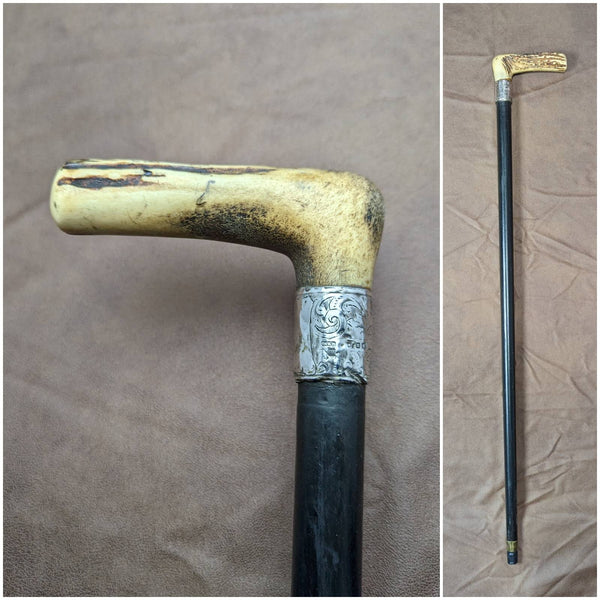 1894年 英国アンティーク 紳士用ステッキ 杖 鹿角クラッチハンドル 極太シャフト80cm