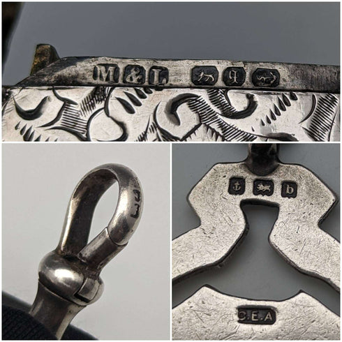 1900年頃 英国アンティーク 純銀製アルバートチェーン 88g ヴェスタケース&メダルフォブ