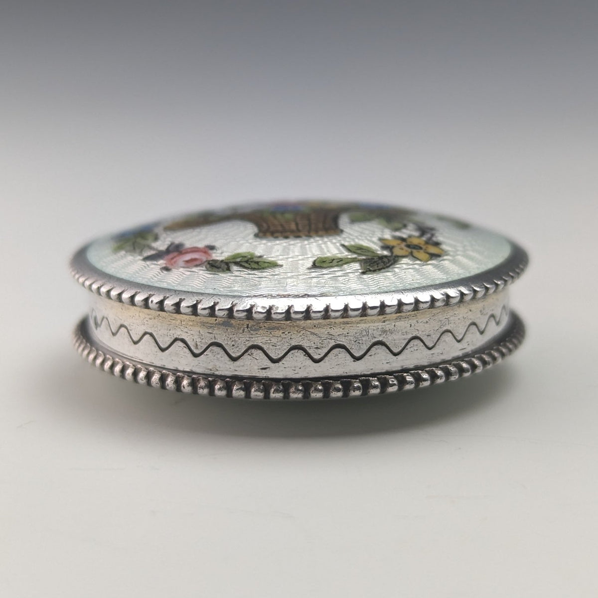 circa 1920 French antique 800 silver rouge box with flower basket guil ...