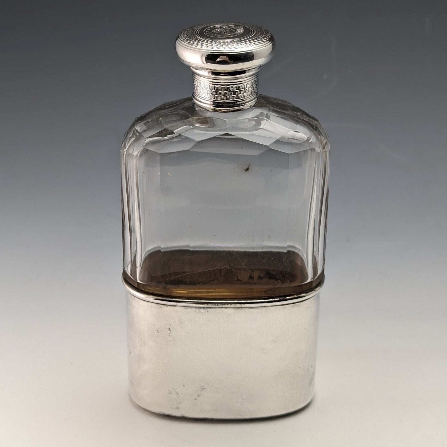1900年 英国アンティーク 純銀蓋 ガラススキットル ヒップフラスコ 