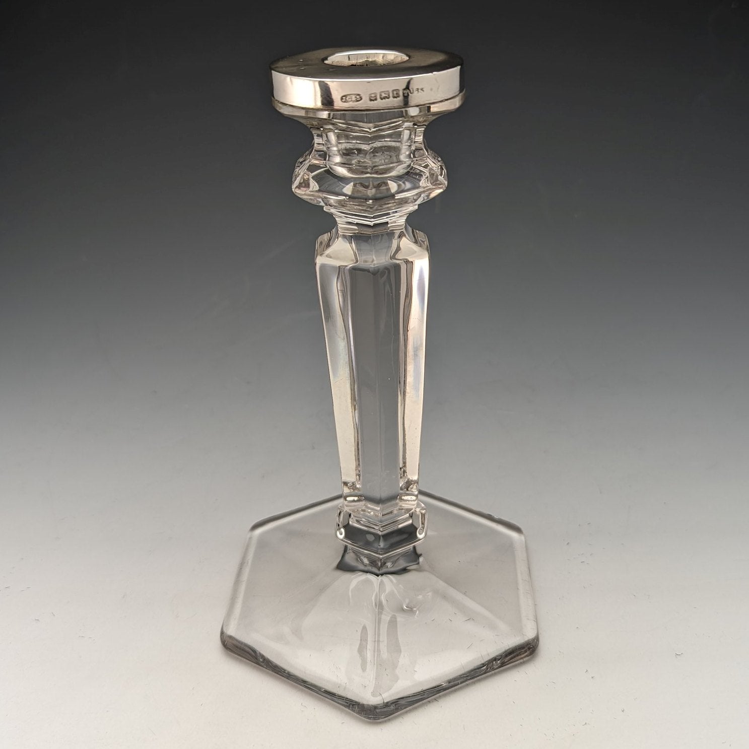 1918年 英国アンティーク ガラス製 純銀装飾 キャンドルスタンド 燭台 John Grinsell & Sons