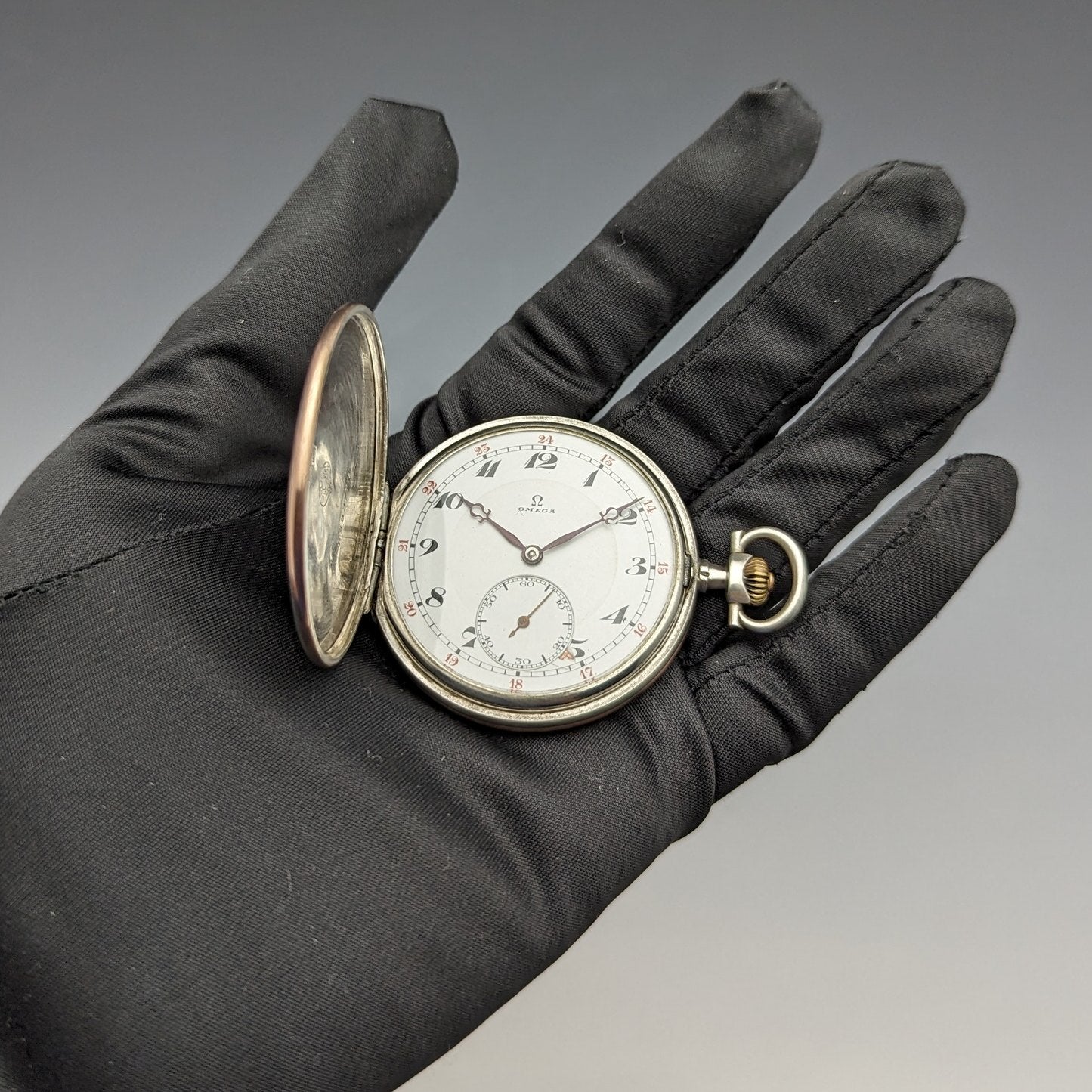 1915年頃 アンティーク オメガ 懐中時計 銀側薄型ハンターケース 動作 
