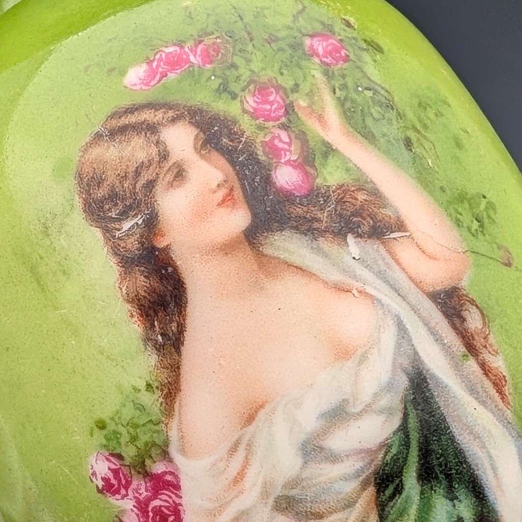 1910年 英国アンティーク 陶器製 女性絵付け 花瓶ペア 純銀装飾
