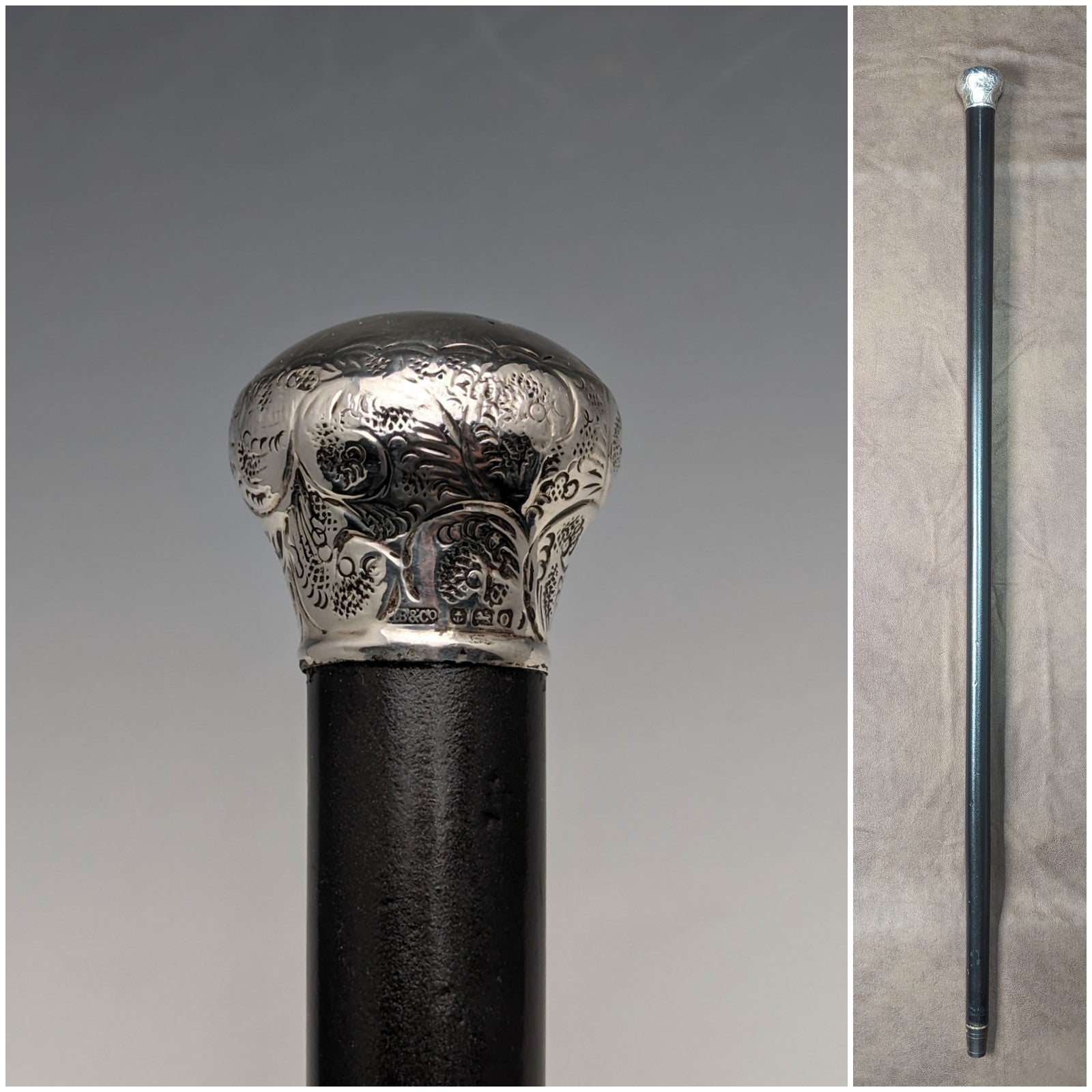 1933年 英国ヴィンテージ 黒軸 曲がりハンドル 純銀装飾 軽量ステッキ 杖 94cm M&amp;T Ltd 1933年 英国ヴィンテージ 黒軸 曲がりハンドル 純銀装飾 軽量