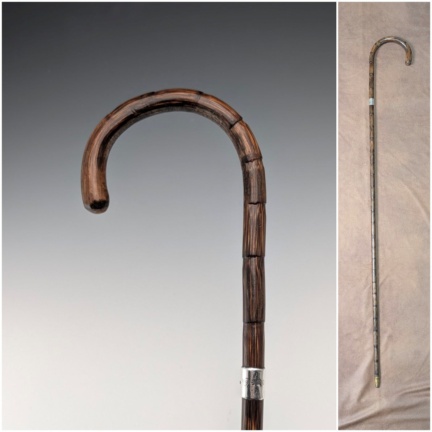 1908年 英国アンティーク ブラウンシャフト 曲がりハンドル 純銀装飾 軽量ステッキ 杖 80cm 1908年 英国アンティーク ブラウンシャフト 曲がりハンドル 純銀